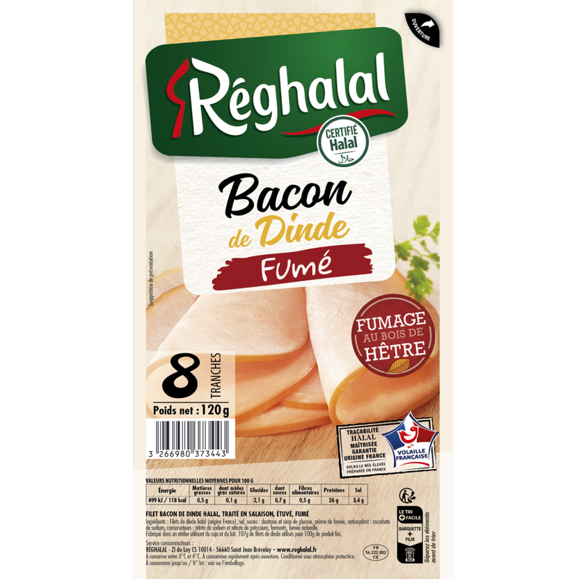 bacon de dinde fumé en tranches réghalal