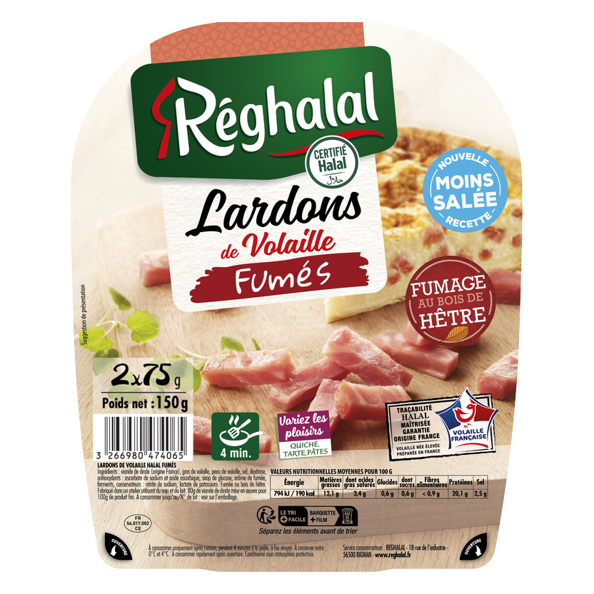 Packaging lardons de volaille fumées halal origine France - réghalal