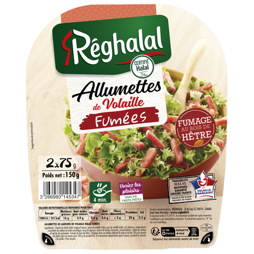 Packaging Allumettes de volaille fumées halal origine France - réghalal
