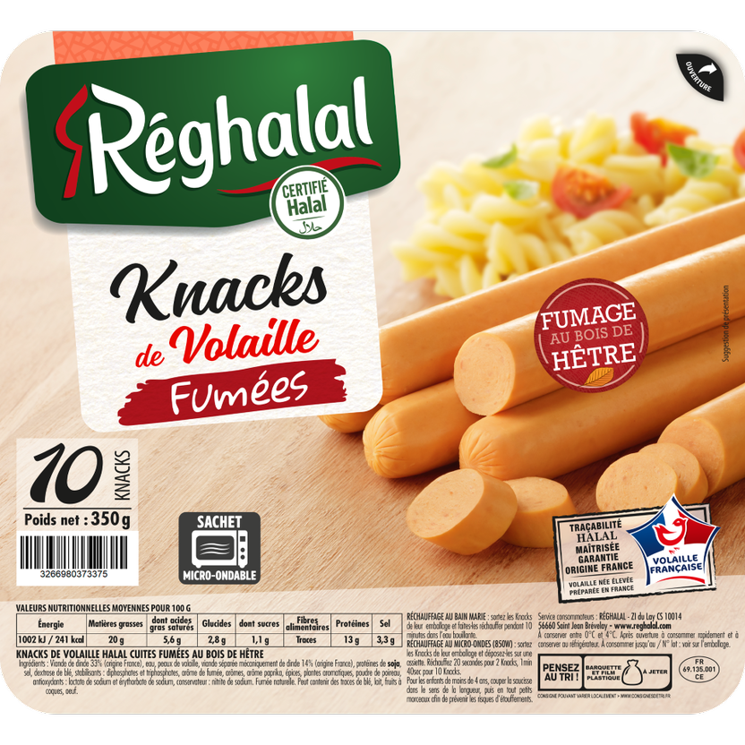 knacks de volaille fumées au bois de hêtre réghalal