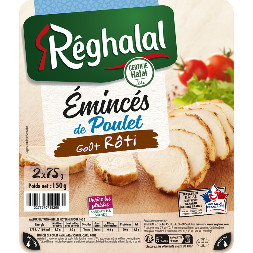 packaging émincés de poulet goût rôti réghalal