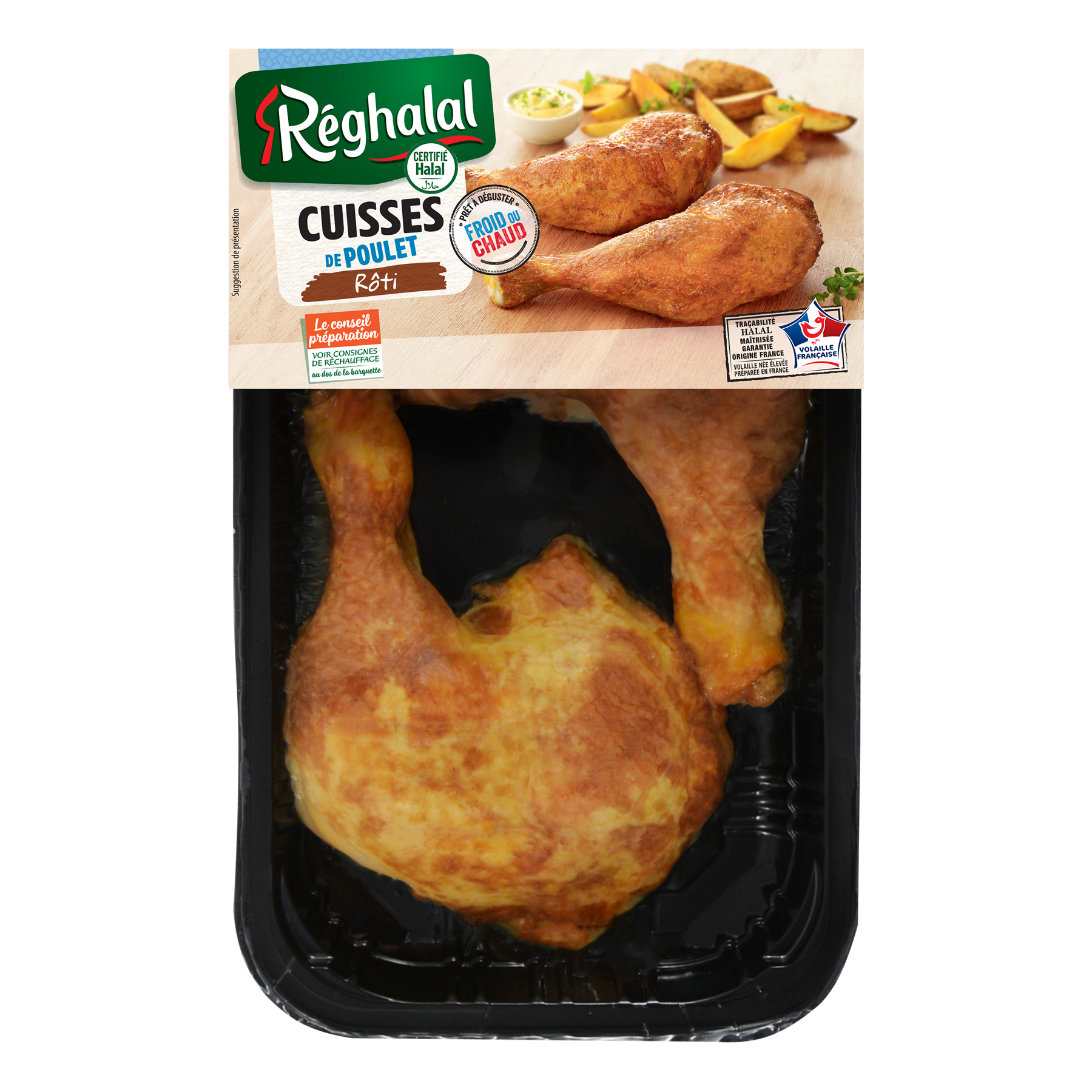 Cuisse de poulet rôti avec peau Réghalal sous skin