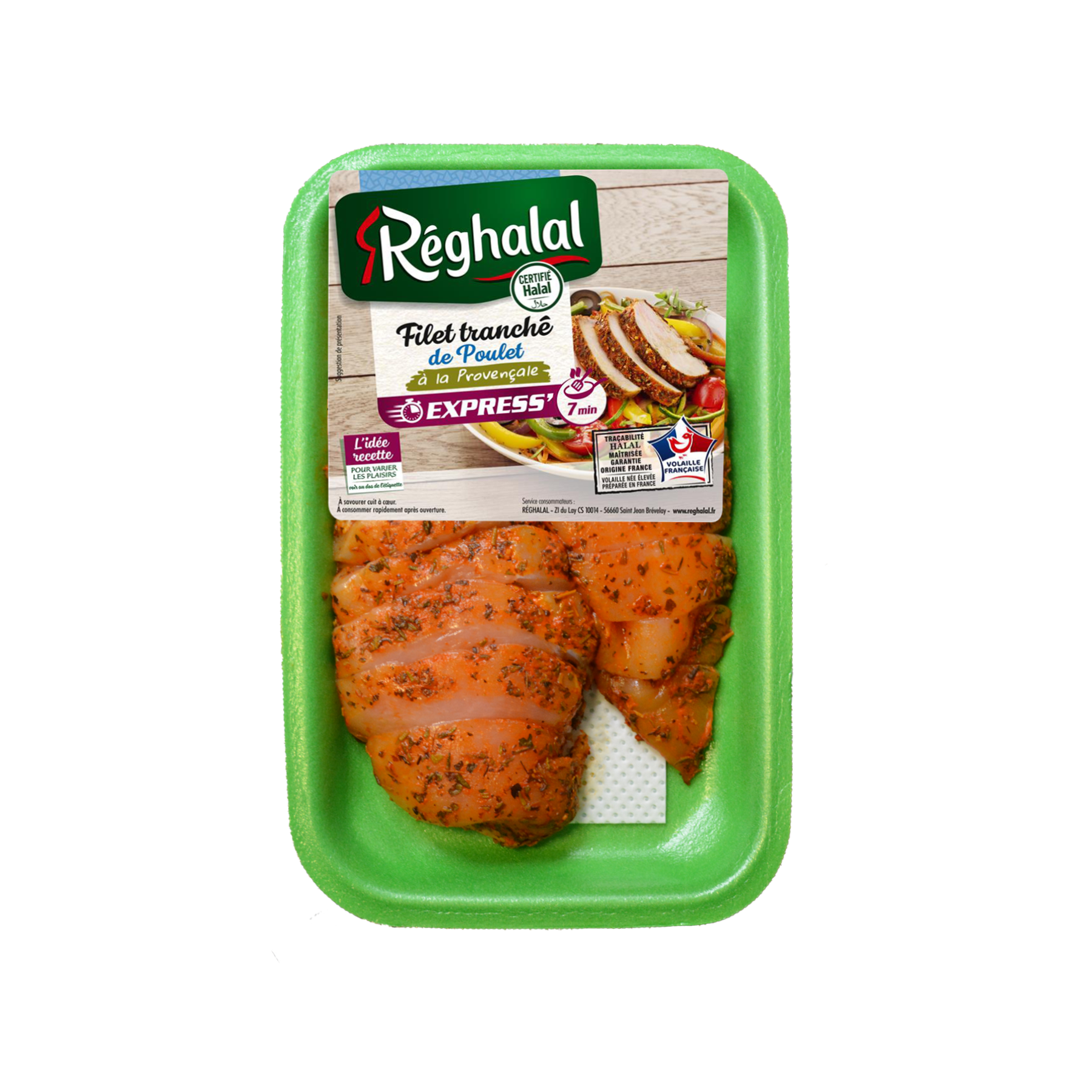 Barquette verte de 2 filets de poulet Réghalal marinés à la provençale