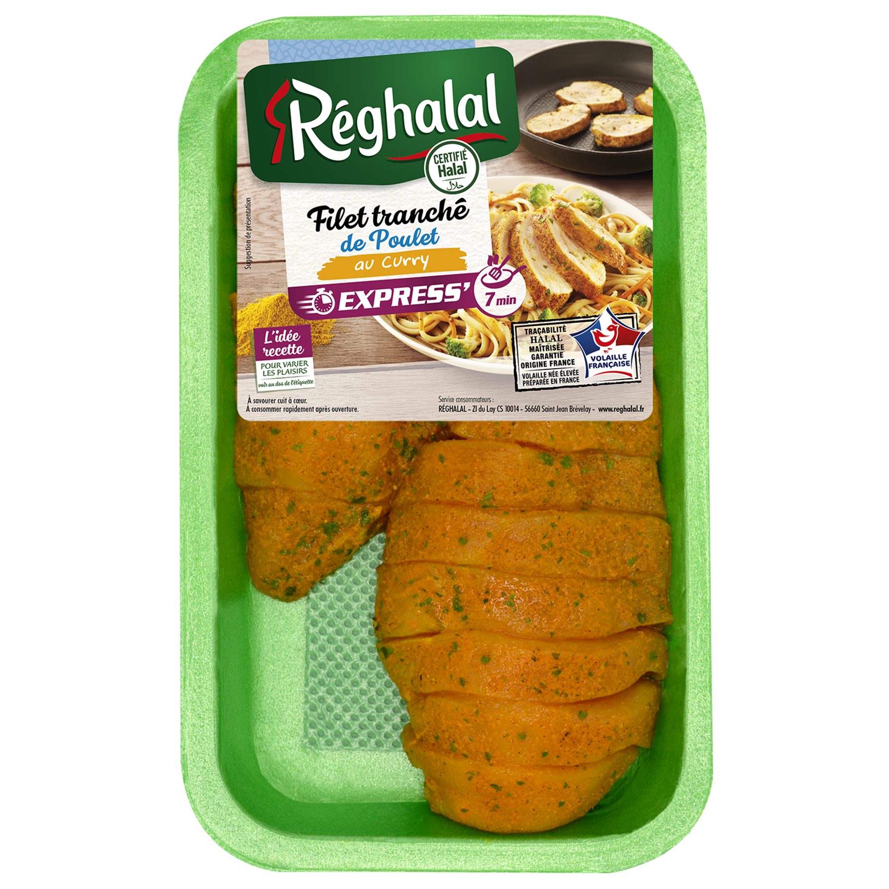 Filet de poulet tranché au curry x2 Réghalal dans sa barquette verte